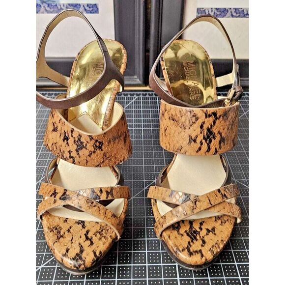 Michael Kors snake print genuine leather brown strappy sling‎ back heels 7M - Picture 1 of 16